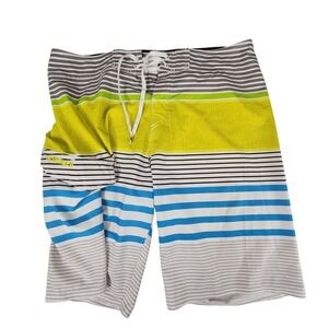 Quicksilver Board Shorts 34 Men Blue Yellow Stripe Swim Surf Skater Beach Preppy